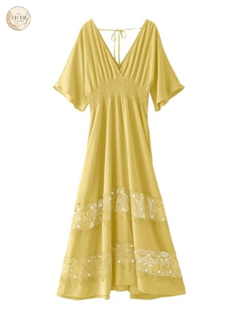 Boho Maxi Dress V Neck Short Sleeve Lace Smocked Waist Flowy